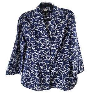 Harve Benard Button Front Top XL Womens Linen Blend Long Sleeve Blue White